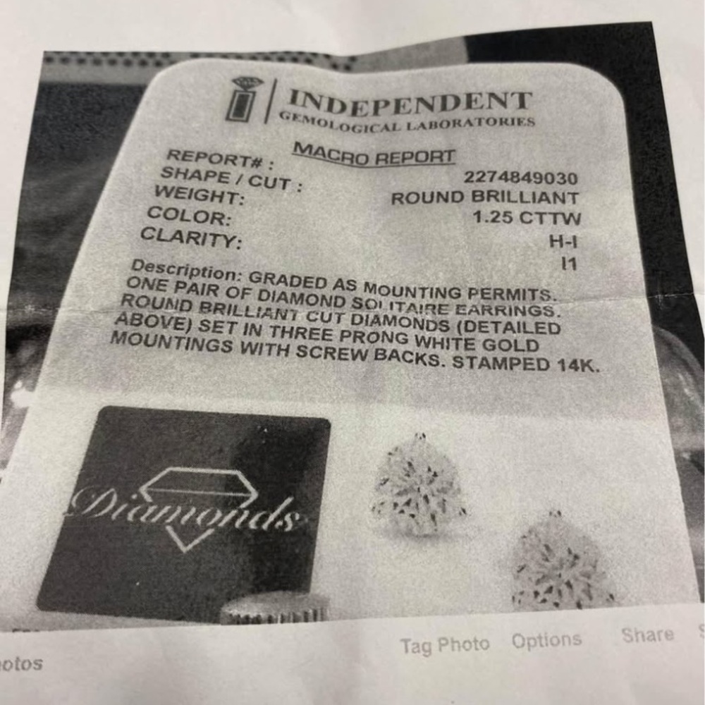 14k gold earring diamond (single) .625 carats - 62.5 points - 62.5% of a carat ! - Picture 4 of 9